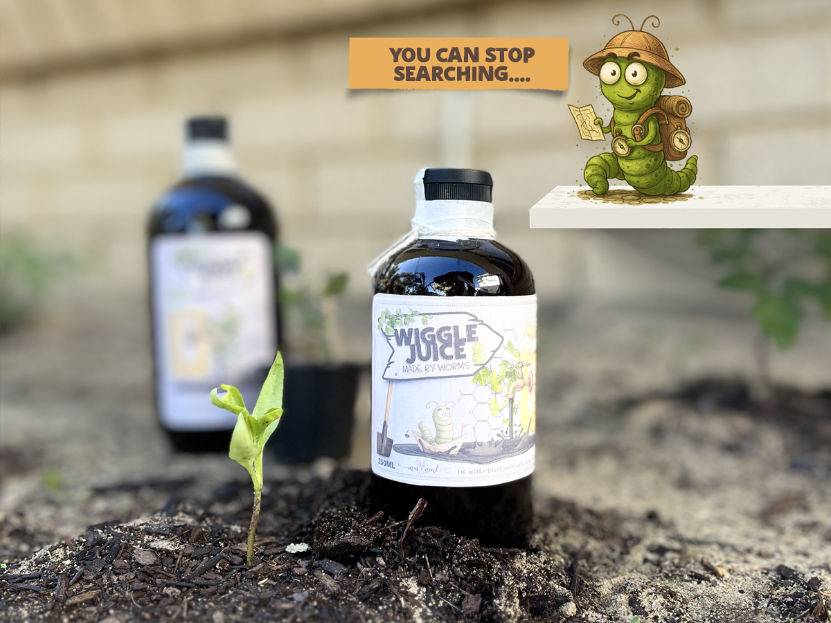 Bottle of 'Wiggle Juice' with a small plant sprouting from soil, and a cartoon worm character in the background.