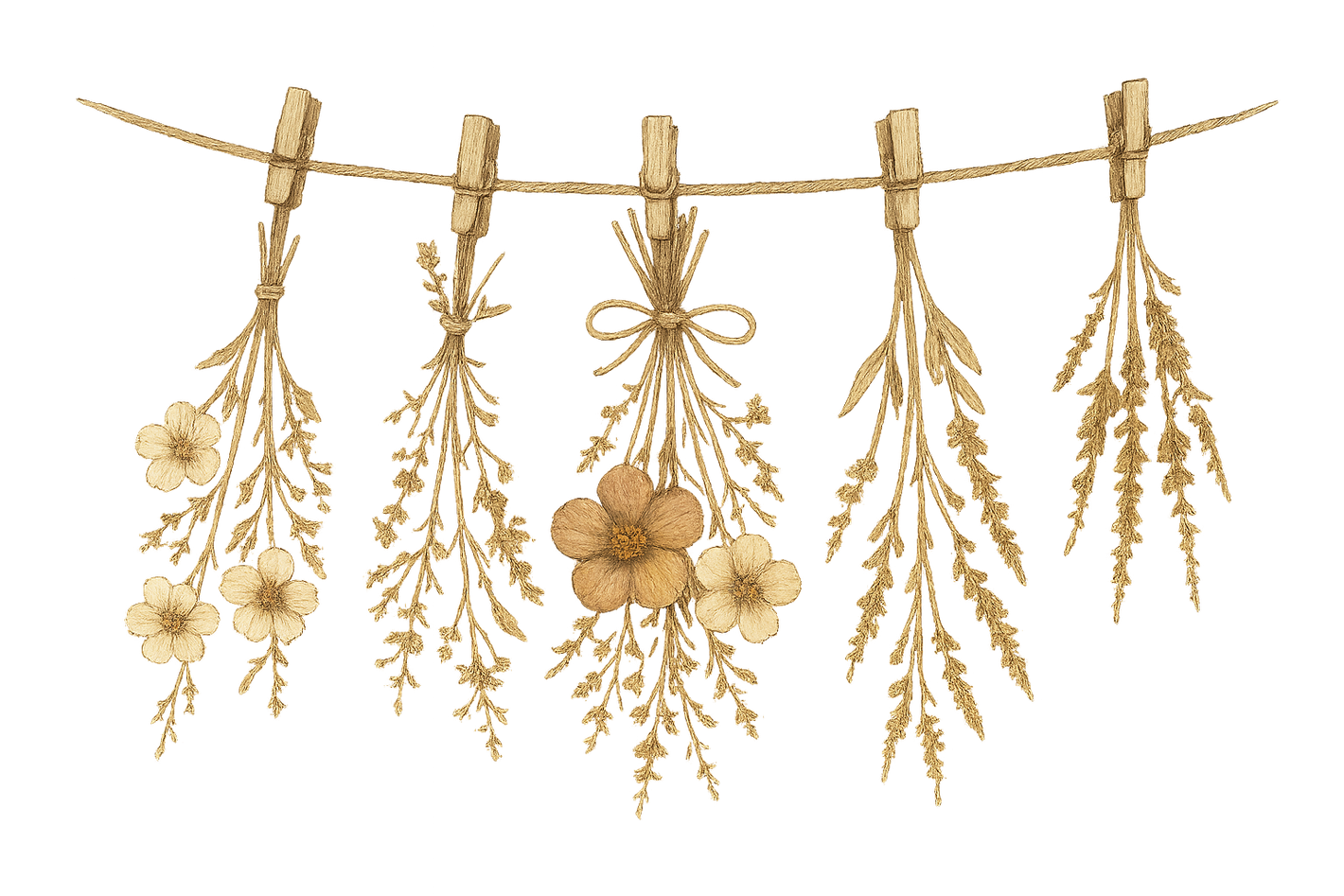 Illustration of dried flowers hanging on a line with wooden clips against a white background
