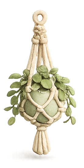 Decorative plant hanger with a green plant on a white background