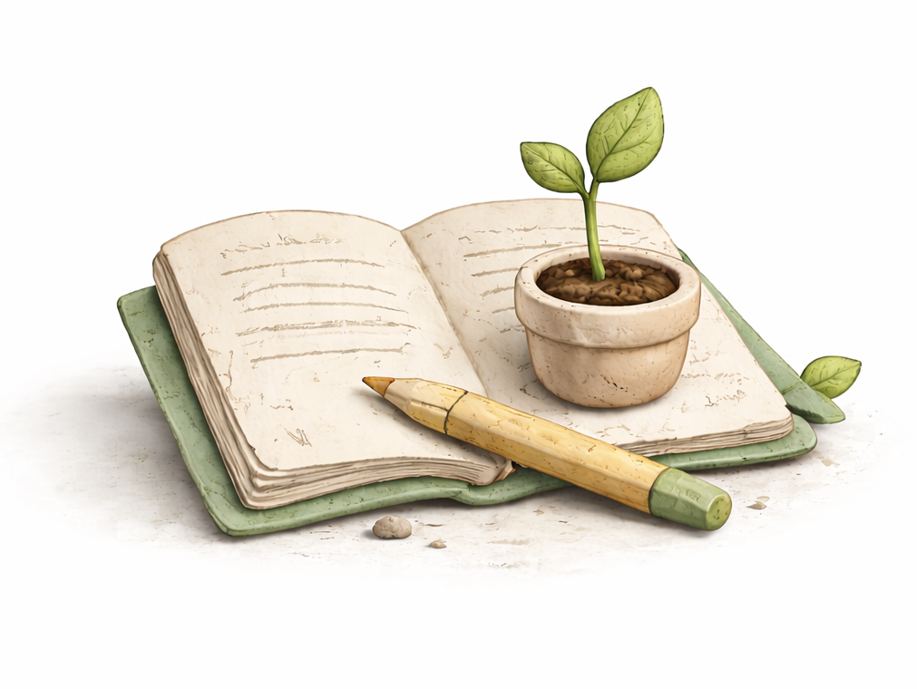 Open book with a pen and small potted plant on a white background