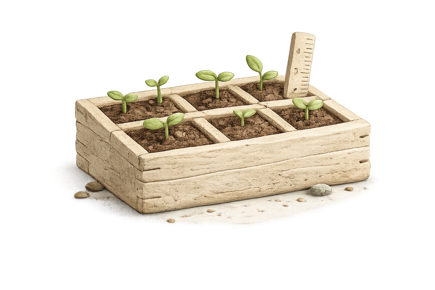 Small wooden seedling tray with six compartments containing young plants on a white background