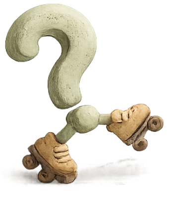Clay sculpture of a question mark with roller skates on a white background