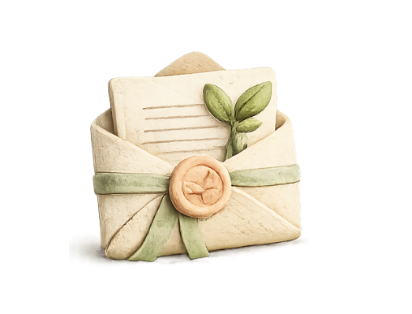 Decorative envelope with a letter, green ribbon, and leaf on a white background