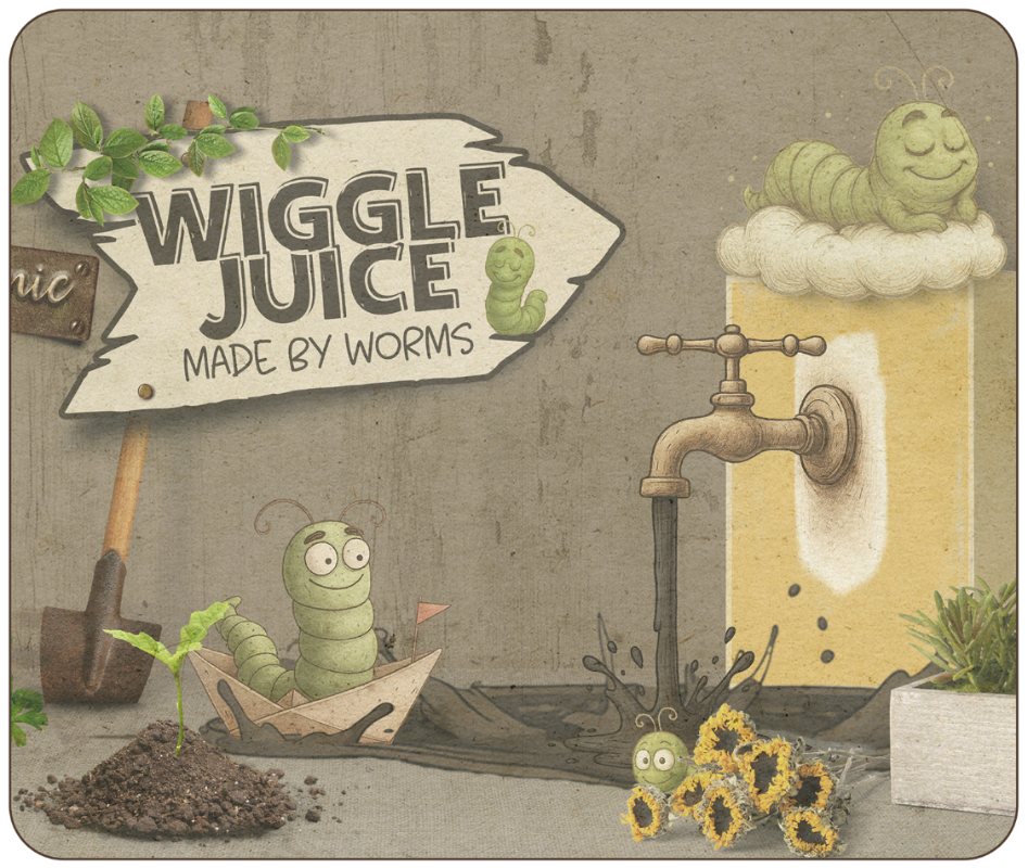 Illustration of a cartoon caterpillar with 'Wiggle Juice' sign and faucet.
